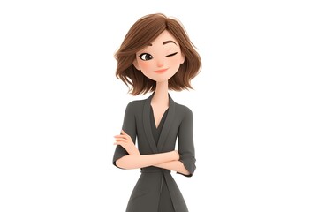 confident businesswoman standing with arms crossed and smiling, wearing a smart blazer, modern startup leader vibe, 3d animation, isolated on a white background