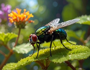 Vibrant Fly on a Dew-Kissed Leaf Delicate Macro Photography