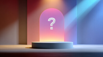 Mystery presentation stage with glowing question mark illuminated by colorful lights, creating futuristic and intriguing atmosphere for digital or creative concepts
