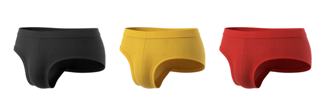 Three pairs of colorful men's brief underwear on isolated background.

