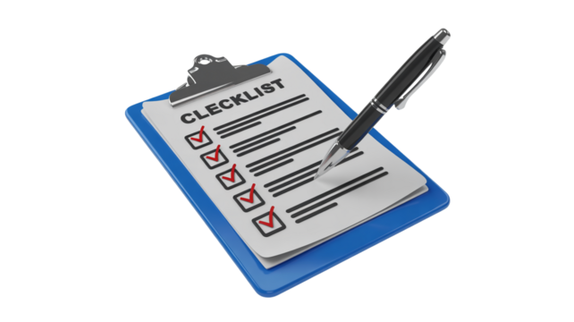 3D blue clipboard with checklist, red checkmarks, and pen.

