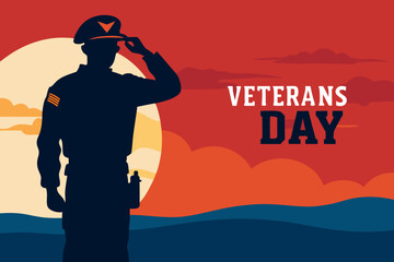 Soldier Saluting Sunset _  Silhouette of a soldier saluting with a sunset gradient background, space below for “Veterans Day” text.