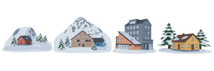 Set of four winter landscapes with houses and snowy mountains.

