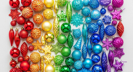A vibrant rainbow assortment of christmas ornaments arranged on a white background, creating a festive and colorful display isolated on white background