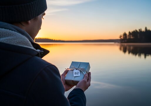 Person Holding Gift Box with 112 Tag by Misty Lake at Golden Sunrise