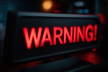 Warning sign glowing red light on dark background, alert message with bright neon effect, urgent caution symbol for safety and risk awareness in technology or industrial setting