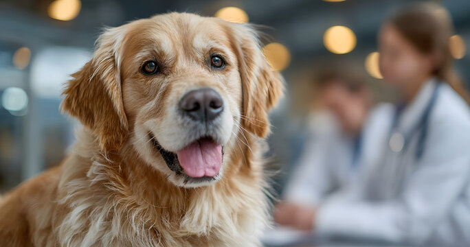 Hands, vet and dog at clinic with consulting, care and stroke for health, development and growth with wellness. People, doctor and golden retriever pet with check, exam and help at animal hospital