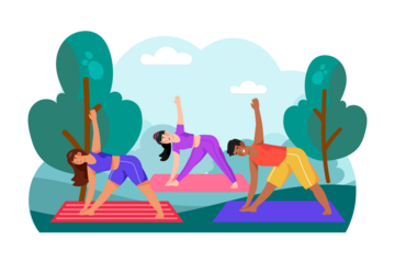 Three People Practicing Triangle Pose Yoga Outdoors with Green Trees in Transparent Background Illustration