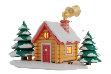 Cozy cartoon wooden cabin in snow with smoking chimney

