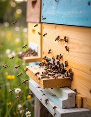 Busy bees swarming a colorful wooden beehive in a field