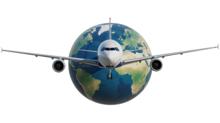 Passenger jet airplane flying directly in front of a planet Earth globe

