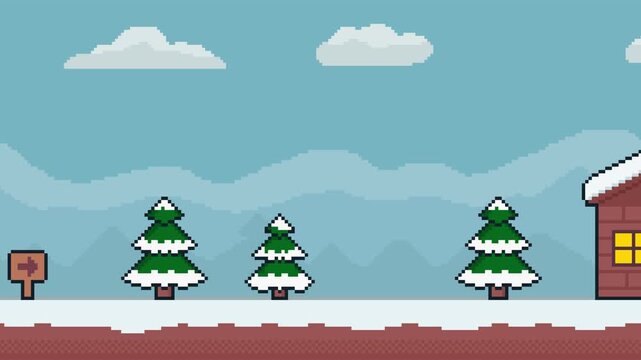 8-bit pixel art horizontal background of pixel christmas winter village platformer game style. looped animation 4k 30fps