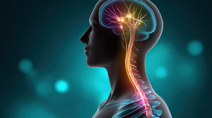 Human head silhouette glowing brain and spinal cord with nerve cells in medical concept of nervous system and neural network in blue background