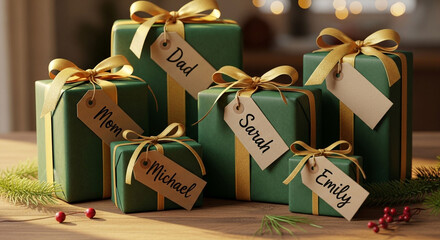 A collection of elegantly wrapped green christmas presents with gold ribbons and personalized name tags for mom, dad, sarah, michael, and emily