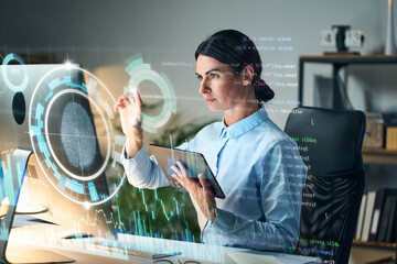 Businesswoman Analyzing Digital Security Interfaces With Biometric Fingerprint Scanning And Code...