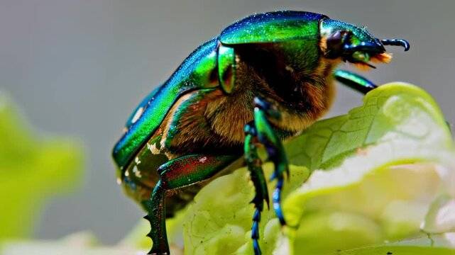 Close-up of iridescent beetle on leaf