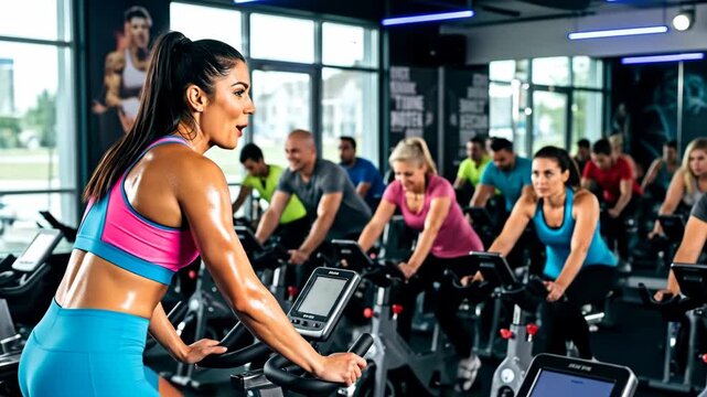 Motivational Spin Class Instructor Leading Energetic Workout - A fit woman leads a high-energy spin class, motivating participants during an intense cycling workout in a modern gym.