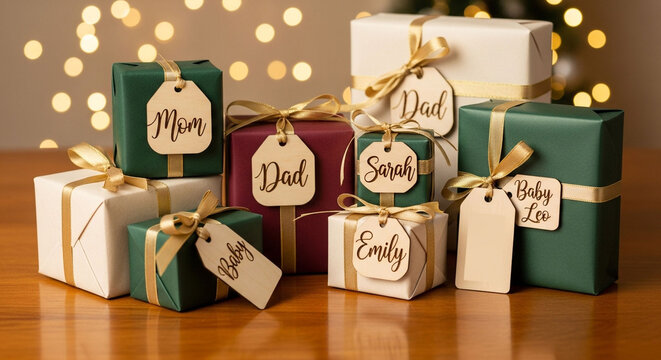 A collection of beautifully wrapped christmas gifts with personalized tags for each family member, creating a warm and festive holiday atmosphere