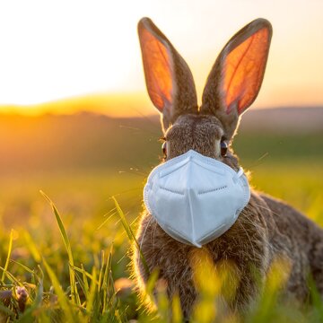 Easter bunny wearing a mask in field at sunset