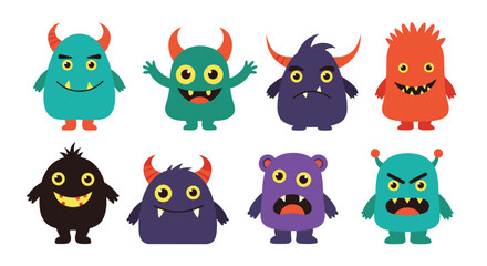 A collection of eight colorful and whimsical cartoon monsters with different expressions and features.