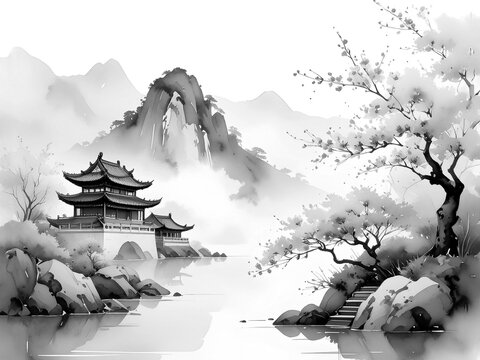 【真作】絵画　山水風景と詩の調和　優雅な和風アート作品　静寂の和　U121 真作】絵画 山水風景と詩の調和 優雅な和風アート作品 静寂の