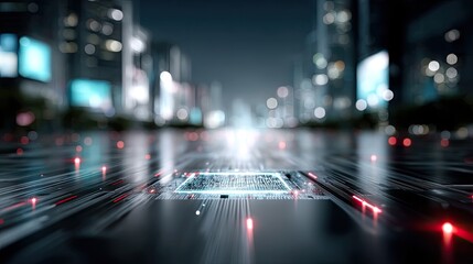 Futuristic Cityscape with Glowing Digital Circuit Board Overlay in Dark Blue Tones Abstract Cityscape with Artificial Intelligence and Data Flow Underneath