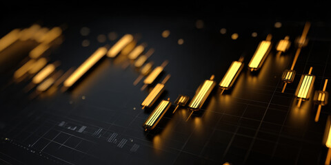 Golden candlestick chart on black background showing financial data analysis and market trends with glowing effect and futuristic style