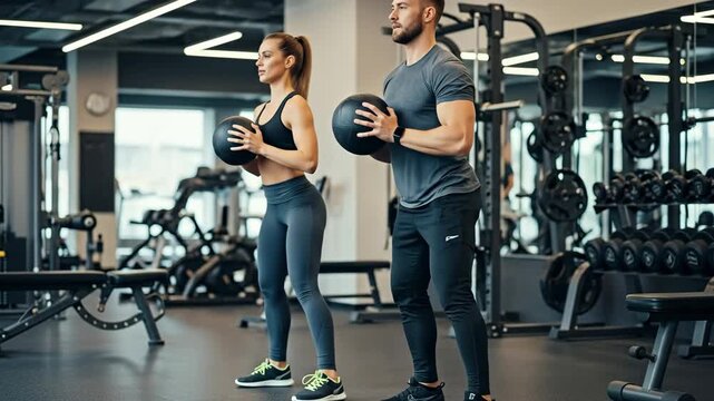 Couple Performing Medicine Ball Squats at the Gym - A fit young couple performs medicine ball squats together in a modern gym.