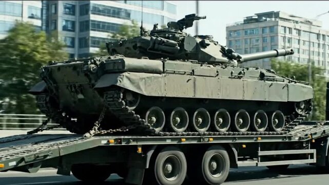 Military Might Transport Olive Green Heavy Tank on Lowboy Trailer Through City Streets Transporting Armored Vehicle War