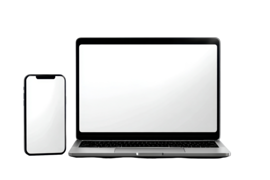 Modern laptop and smartphone mockup with blank screens, isolated on transparent background