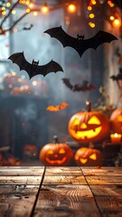 Spooky Halloween night with glowing jack o'lanterns and flying bats under festive orange string lights