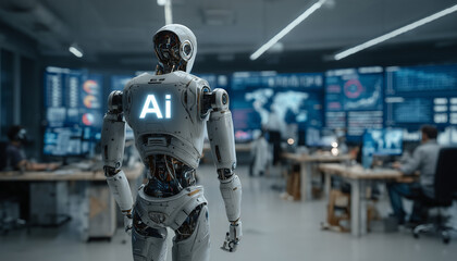 Fototapeta premium An AI hologram agent representing autonomy and teamwork, standing beside humans in a modern office, symbolizing collaboration between artificial intelligence and human workforce