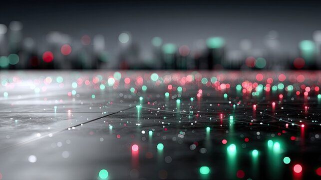 Futuristic Interface Digital Background with Red and Green Lights on a Dark Surface and Blurry Cityscape