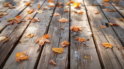 Weathered Reclaimed Wood Plank Floor with Autumn Leaves and Warm Sunlight - Front View