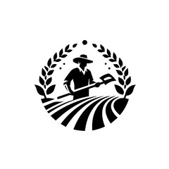 A stylized illustration depicting a farmer standing in a field with a hoe, surrounded by wheat. © taufiq