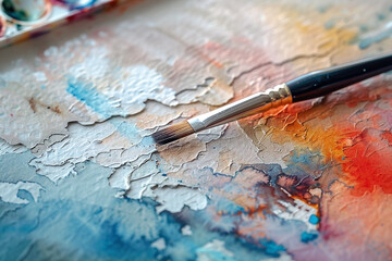 Fototapeta premium Close-up artistic brush on textured palette with vibrant colors and brushstroke details showcasing