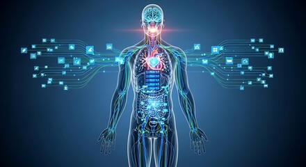 Digital Body Human Anatomy Connected to Network with Technology and Artificial Intelligence