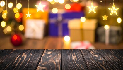 Warm glowing star lights illuminate festive holiday gifts and decorations creating a cozy, magical atmosphere perfect for seasonal celebrations