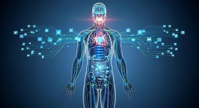 Digital Body Human Anatomy Connected to Network with Technology and Artificial Intelligence
