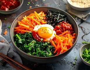 Vibrant Korean Bibimbap Bowl Displaying a Colorful Feast