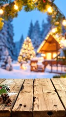 Cozy wooden table framing a magical winter wonderland with a glowing cabin and festive Christmas tree, perfect for holiday storytelling.