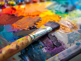Obraz premium Vibrant hues on an artist's palette and a brush full of inspiration for artwork