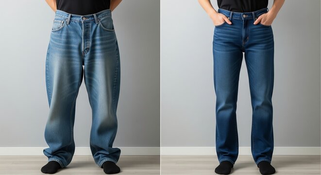 Oversized and slim fit jeans comparison illustrating fashion trends and style differences - Powered by Adobe