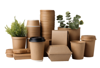 Collection of brown paper disposable food and drink containers