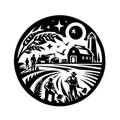 Black and white illustration depicts farmers working in a field, near a barn.