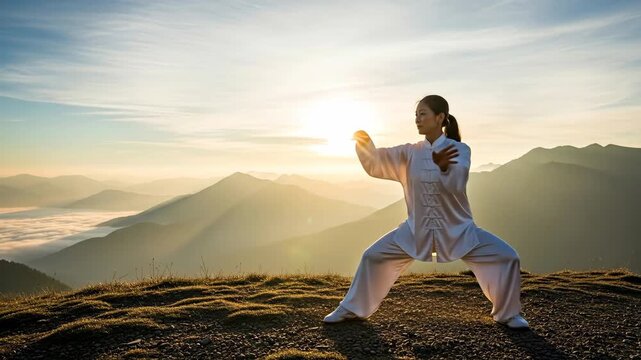 Tai Chi Sunrise Mountain - A serene woman practices Tai Chi Chuan on a mountaintop at sunrise, surrounded by a breathtaking landscape of misty mountains and a golden sky.