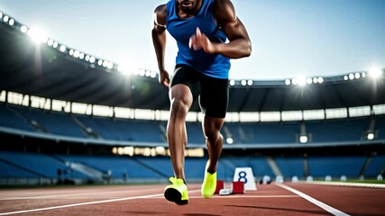 Athlete Sprinting on Track - A close-up shot of a male athlete sprinting on a running track in a stadium. He is wearing a blue singlet and neon green shoes, focused on the race ahead.