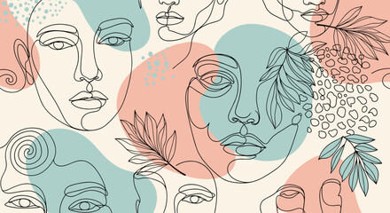Fototapeta premium Abstract line art faces with organic shapes and botanical elements.