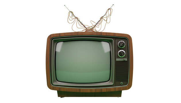 Old wooden television set with static screen, featuring tangled wires on top, against a white background.