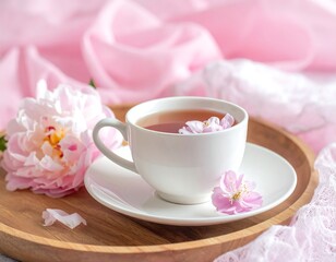 A white teacup sits on a saucer, on a wooden tray, alongside a pink peony and delicate pink fabric